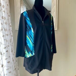 Chico's Black Athleisure Jacket with Blue & Aqua Wave Panels